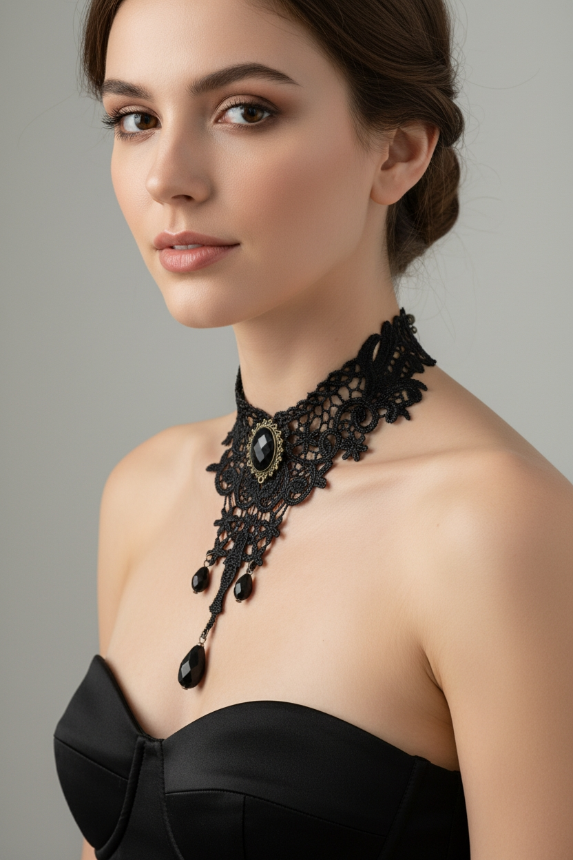 Juodas nėriniuotas kaklo papuošalas – čokeris su akmenukais