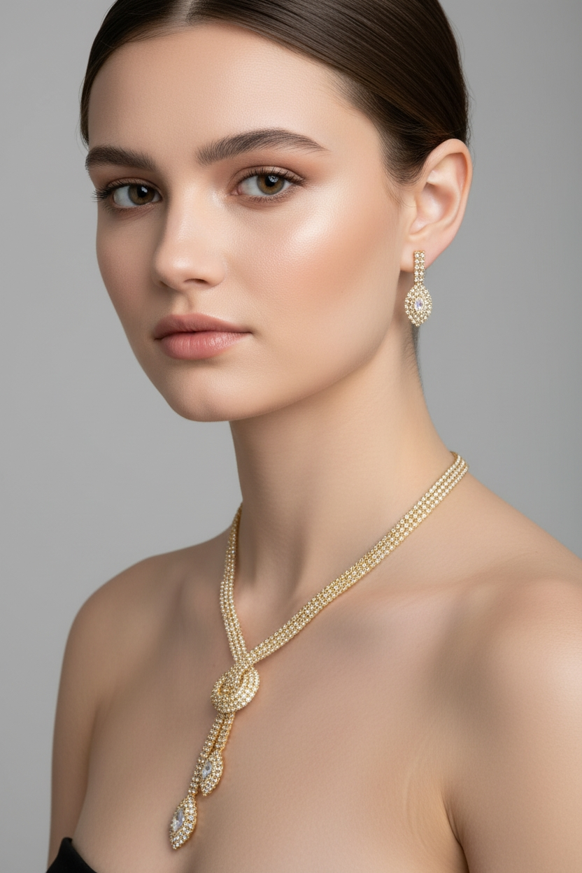 Auksinė prabanga – kaklo papuošalo ir auskarų rinkinys