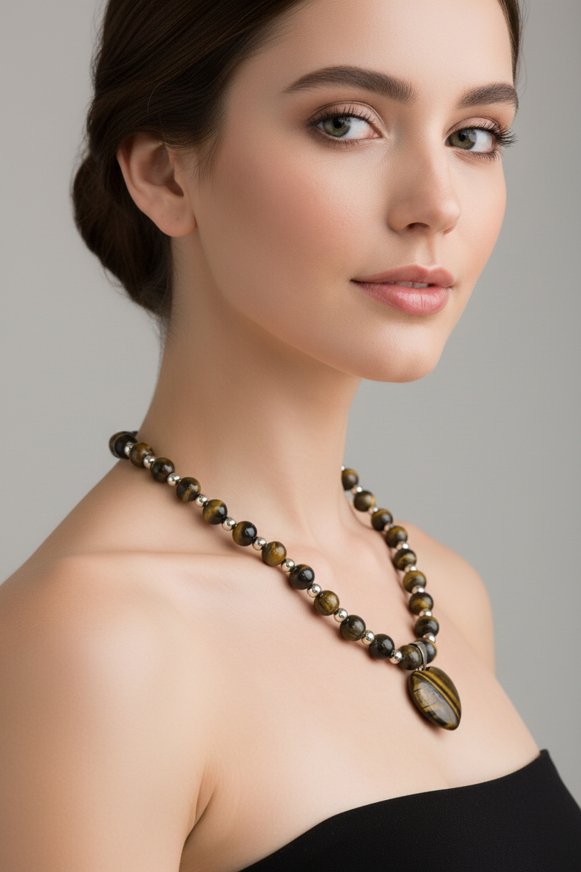 Tigro akies karoliukų kaklo papuošalas su dideliu pakabuku