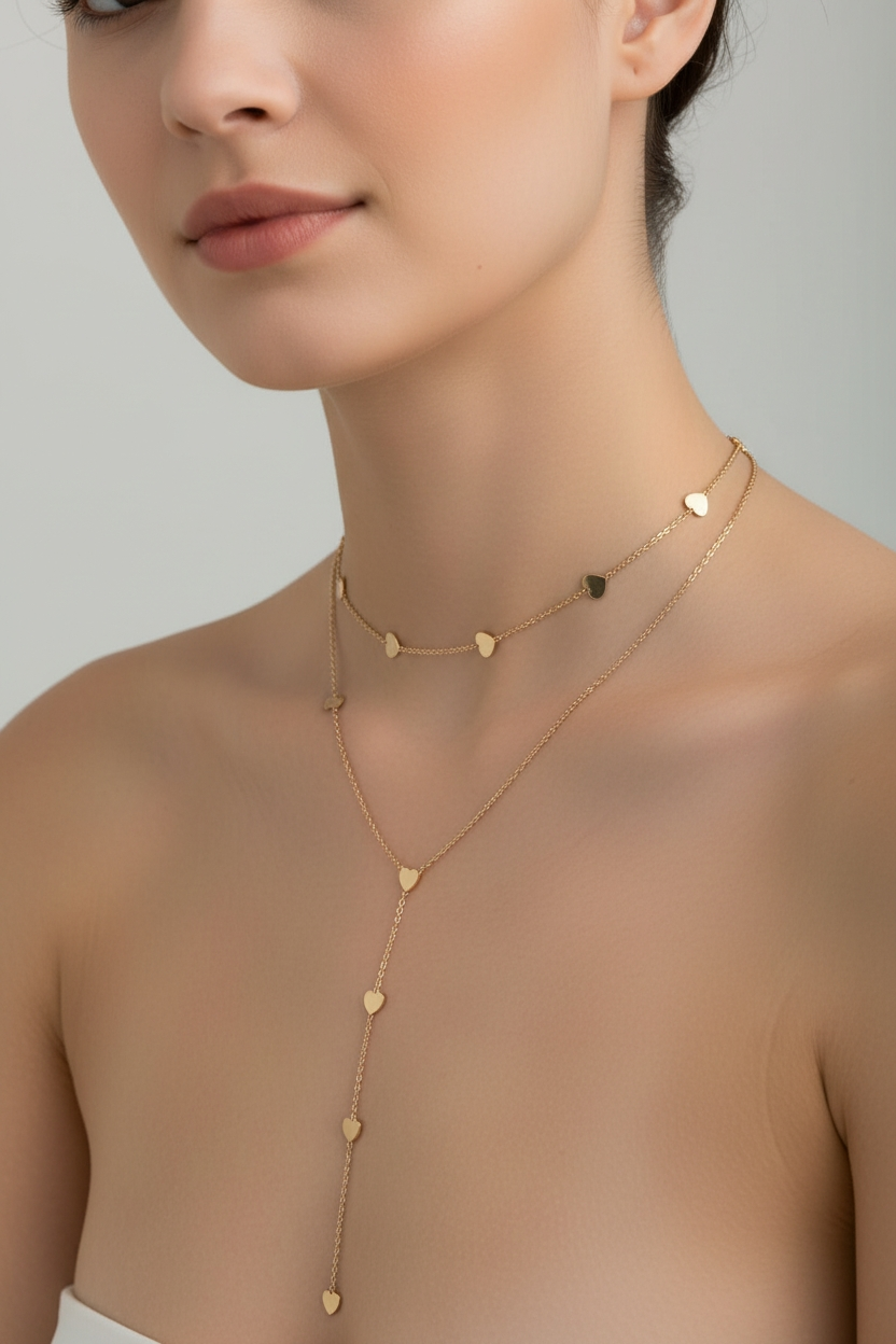 Dvigubas aukso spalvos kaklo papuošalas su širdelėmis