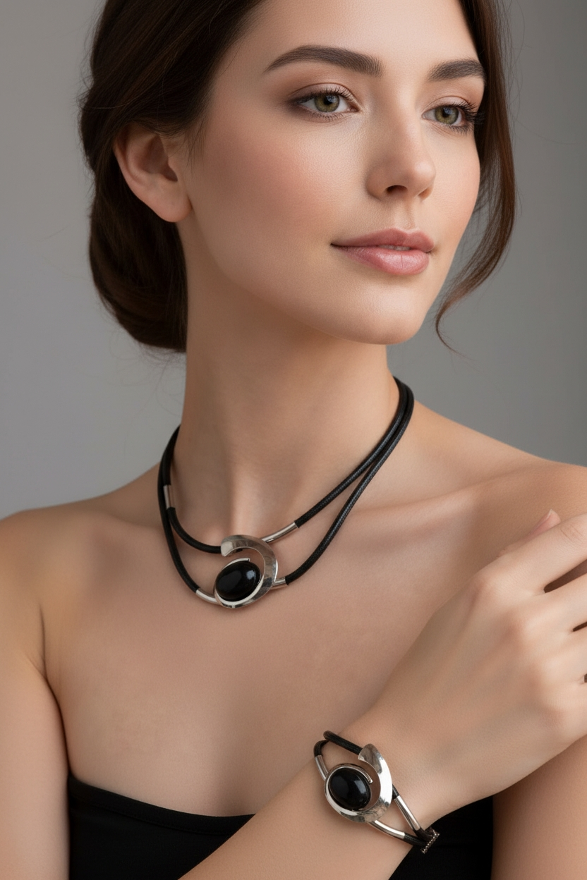 Modernus juodų akmenų kaklo papuošalo ir apyrankės komplektas