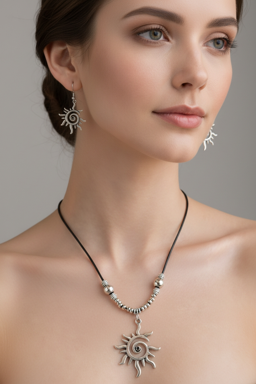 Saulės simbolio kaklo vėrinio ir auskarų komplektas