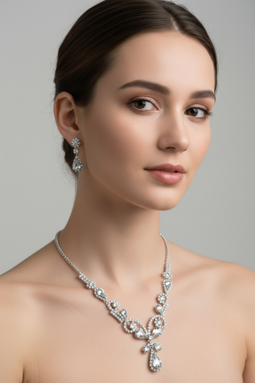 Sidabro spalvos šventinis kaklo ir auskarų komplektas