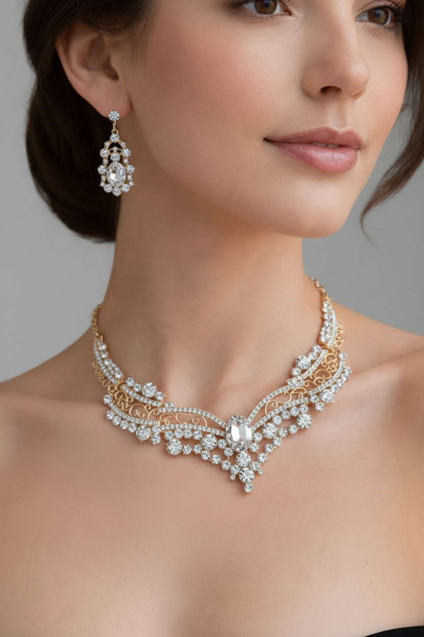 Aukso spalvos šventinis kaklo ir auskarų komplektas