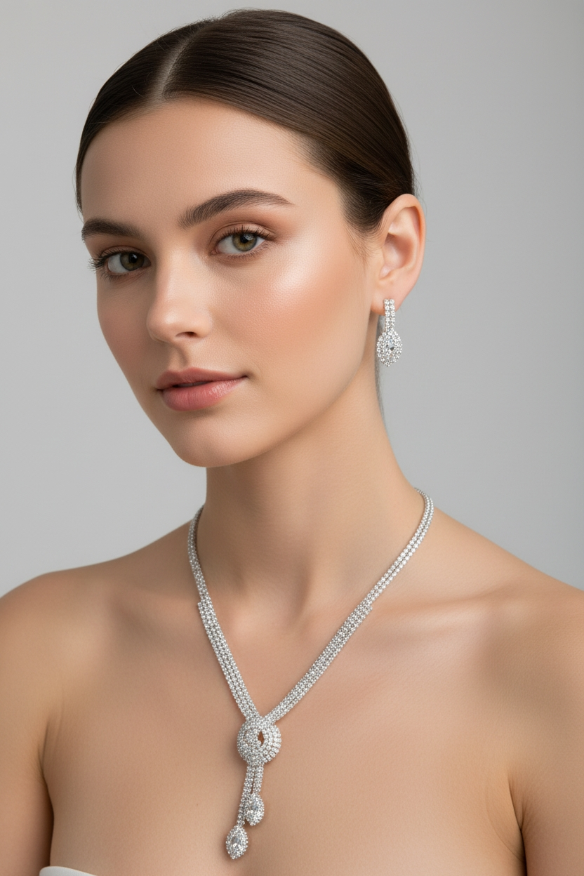 Sidabro spalvos kaklo ir auskarų komplektas su kilpele