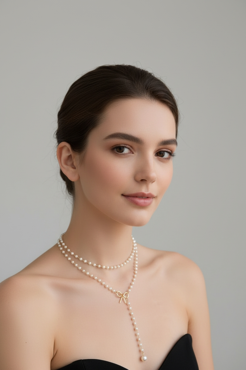 Dvigubas "perlinių" karoliukų kaklo papuošalas su aukso spalvos kaspinėliu