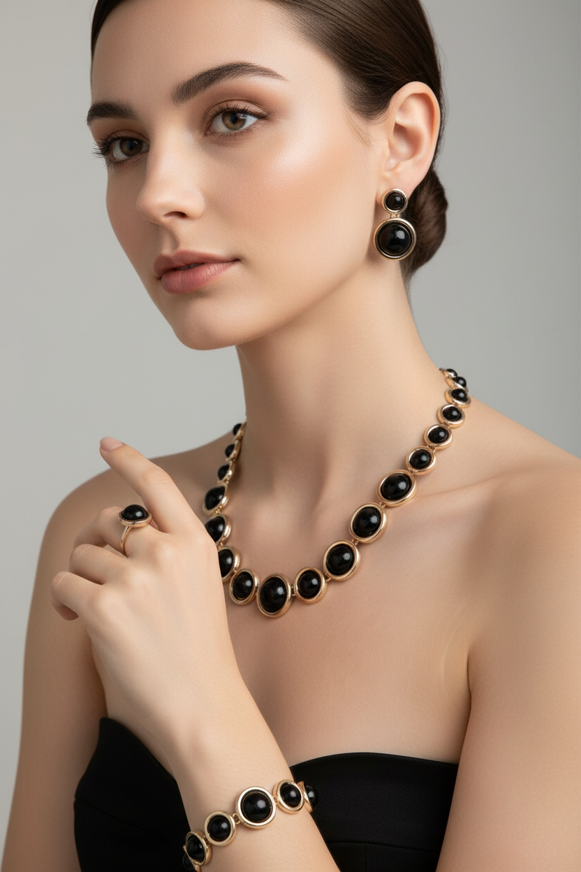 Aukso spalvos keturių dalių komplektas su juodais akmenimis