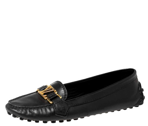 Authentic Louis Vuitton Black Leather Oxford Slip-On Loafers Size 37.5