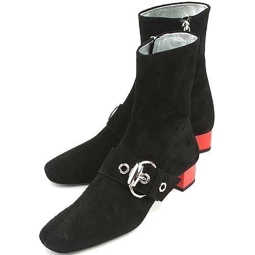 Authentic Gucci Short Ankle Boots 177124 36 1/2 Black Suede Red Heel