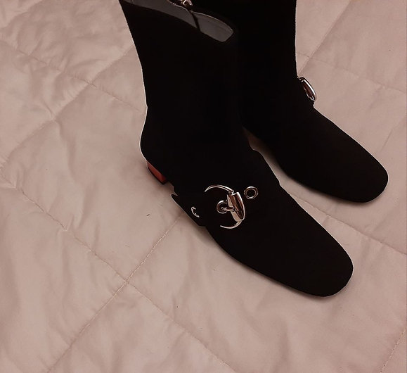 Authentic Gucci Short Ankle Boots 177124 36 1/2 Black Suede Red Heel