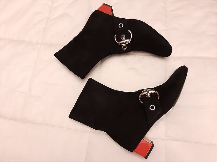 Authentic Gucci Short Ankle Boots 177124 36 1/2 Black Suede Red Heel