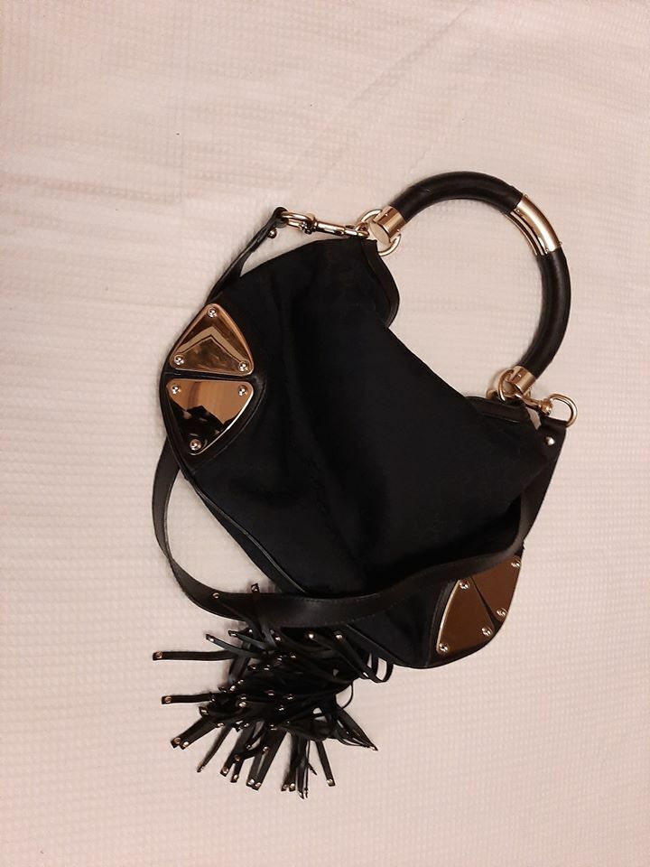  Authentic Gucci Black GG Canvas Medium Indy Top Handle Bag retail price 1650 Item Information