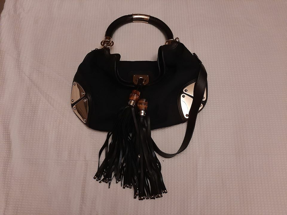  Authentic Gucci Black GG Canvas Medium Indy Top Handle Bag retail price 1650 Item Information