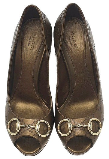 Authentic Gucci gold Guccissima Leather Hollywood Horsebit Peep Toe Pumps 38