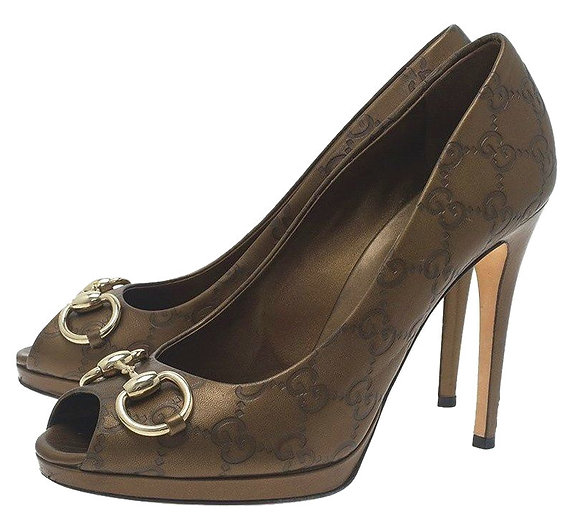 Authentic Gucci gold Guccissima Leather Hollywood Horsebit Peep Toe Pumps 38