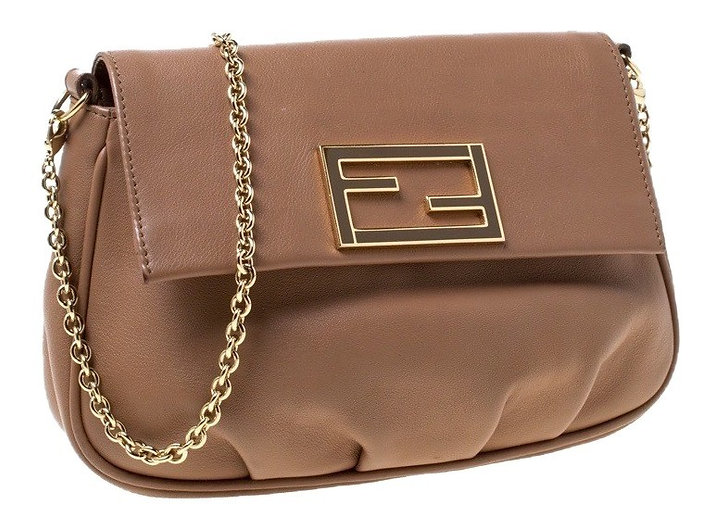 Authentic fend light brown Lambskin Leather Cross Body Bag