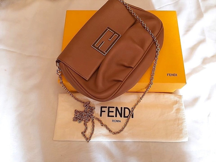 Authentic fend light brown Lambskin Leather Cross Body Bag