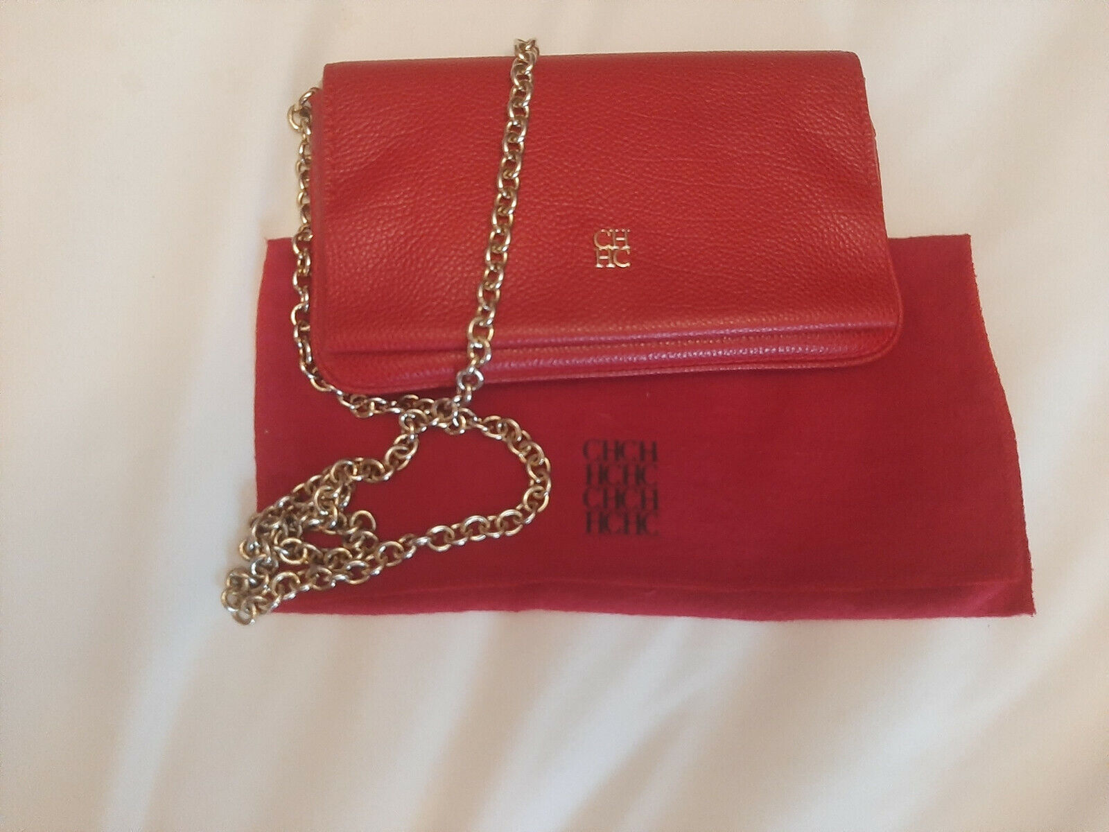 Authentic Carolina Herrera Red Leather Flap Chain Shoulder Bag