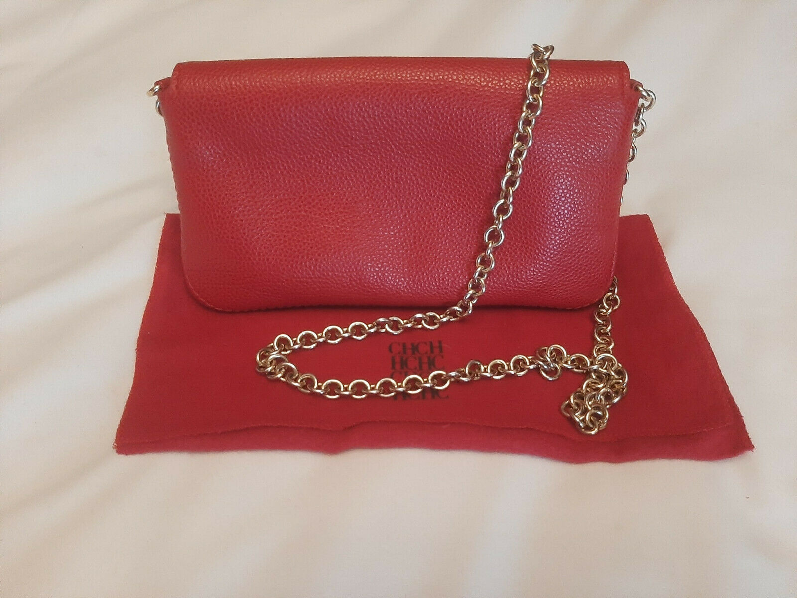Authentic Carolina Herrera Red Leather Flap Chain Shoulder Bag