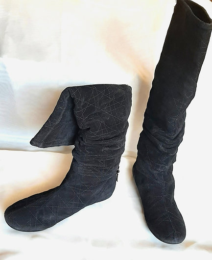Authentic Dior Womens Mid Calf Ruched Black Suede Boots SZ37