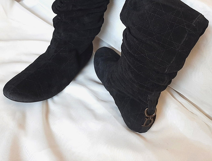 Authentic Dior Womens Mid Calf Ruched Black Suede Boots SZ37