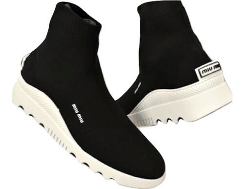 Authentic Miu Miu Black Knitted Sock Ankle Sneakers SZ/36