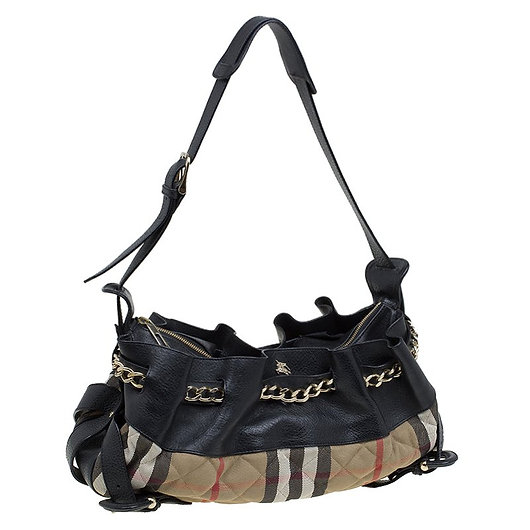  Authentic Burberry Black Quilted Classic Check Margaret Shoulder Bag