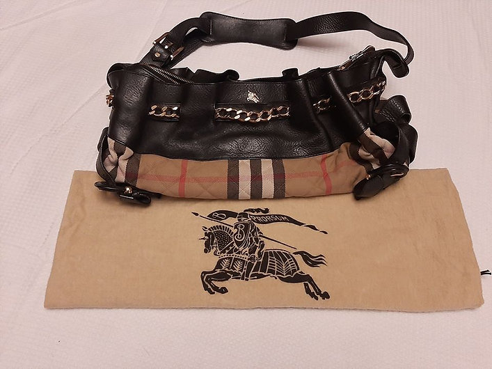  Authentic Burberry Black Quilted Classic Check Margaret Shoulder Bag