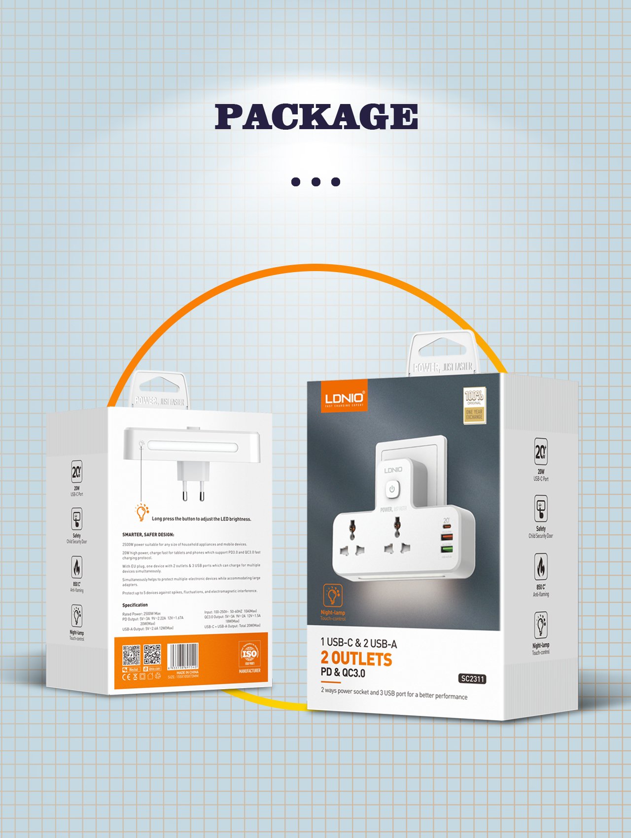 LDNIO SC2311 20W 3-PORT USB PD & QC3.0 CHARGER EXTENSION 2 WAY POWER SOCKET