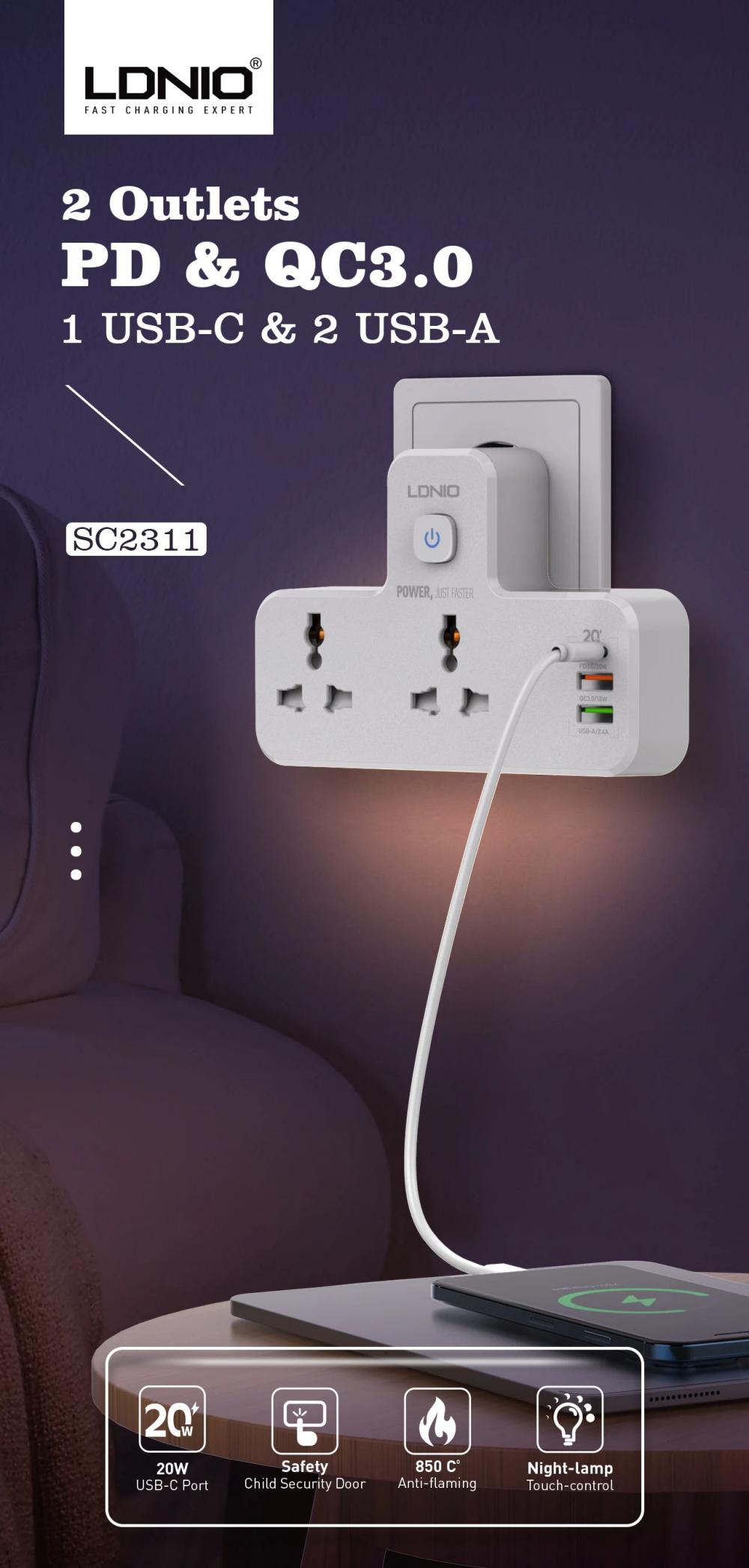 LDNIO SC2311 20W 3-PORT USB PD & QC3.0 CHARGER EXTENSION 2 WAY POWER SOCKET