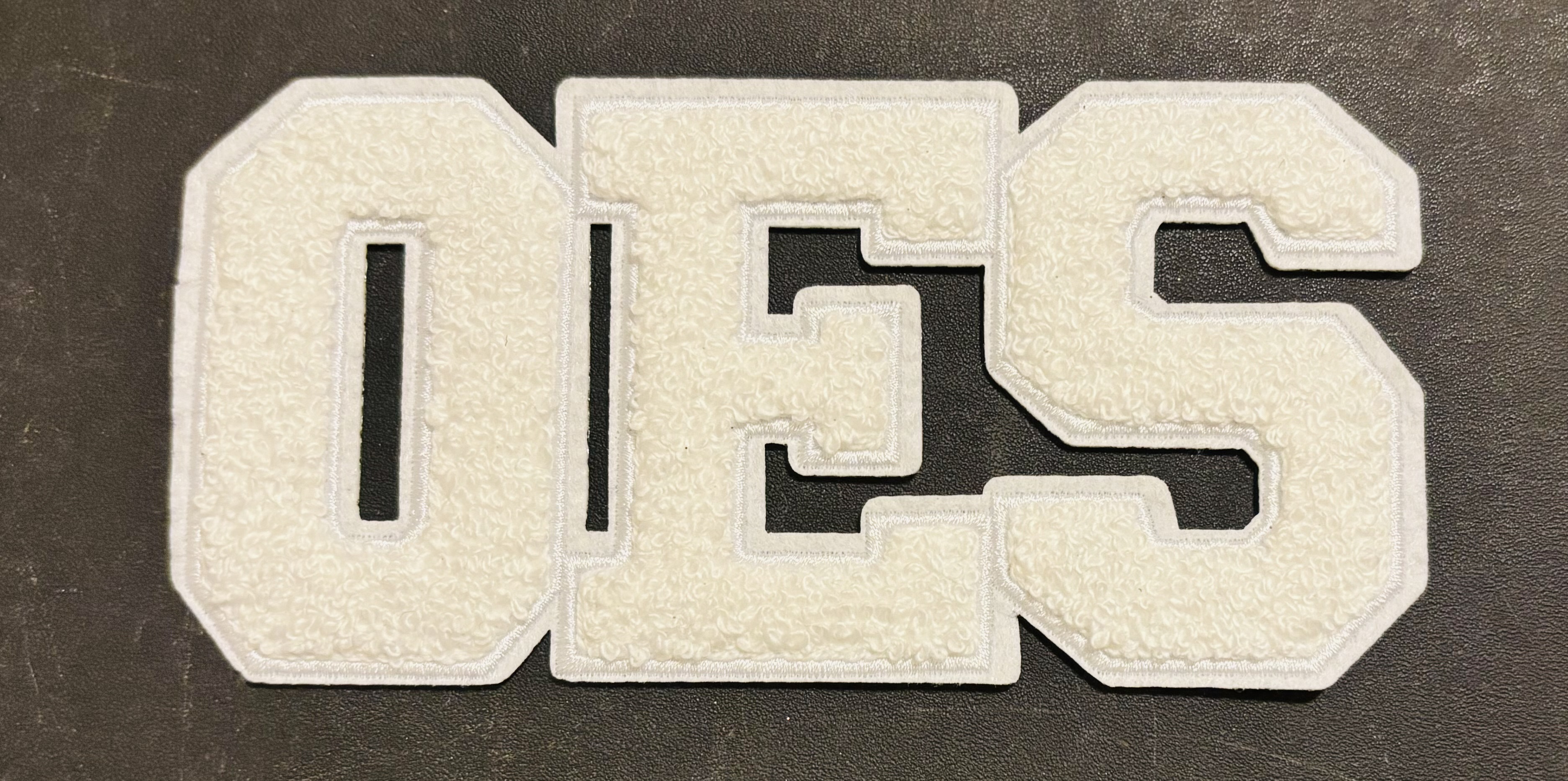 White OES Chenille Iron On Patch