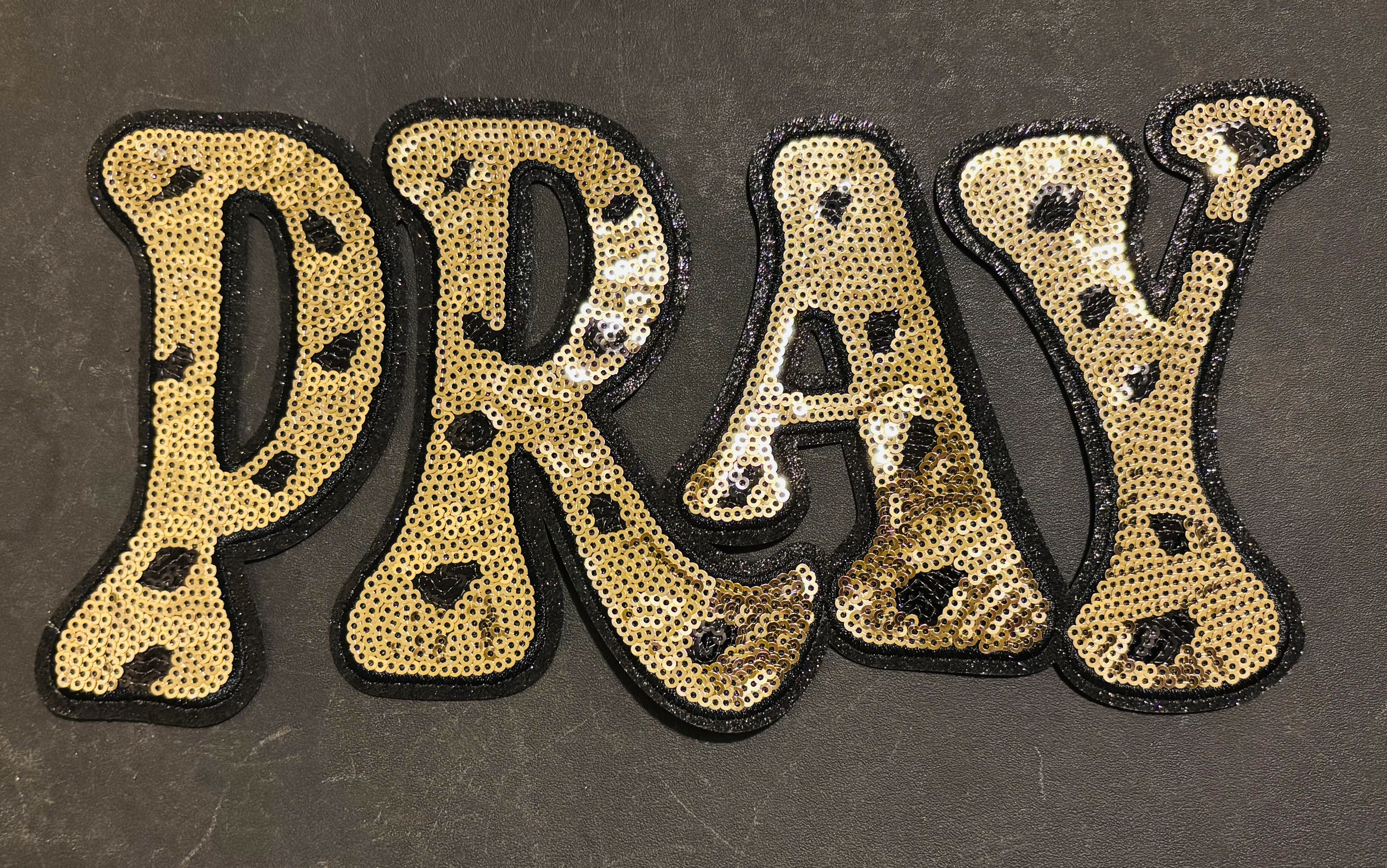 Leopard Sequin PRAY Iron On Patch