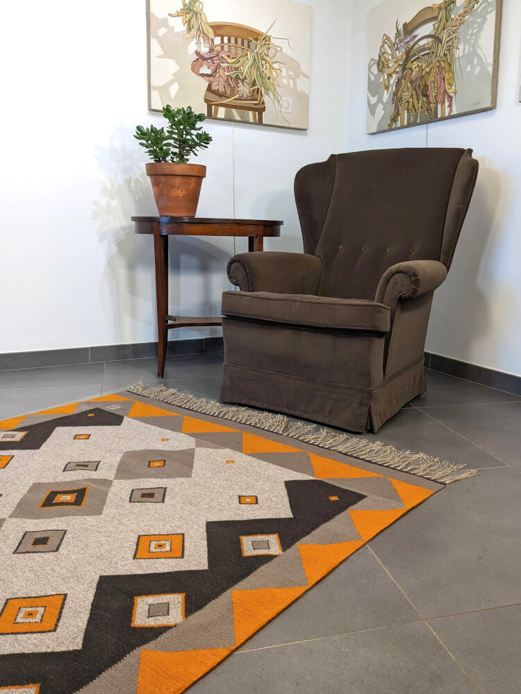 Tapis kilim 'K1' géométrique, laine et lin, 258×142cm