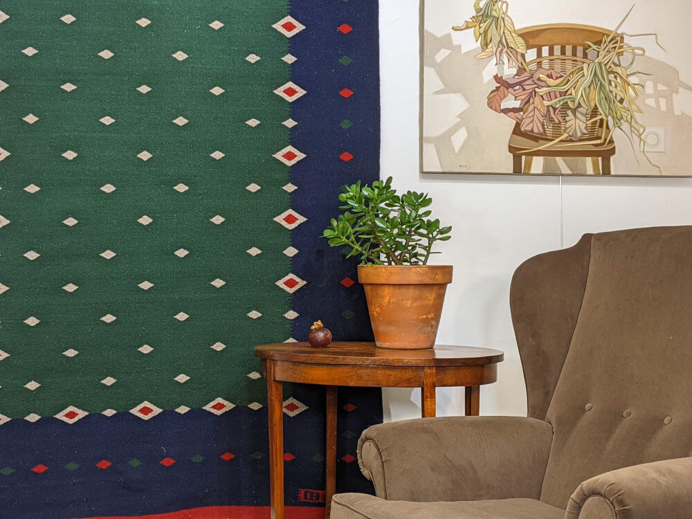 Tapis kilim 'K2' géométrique, vert et bleu nuit, laine et lin, 211x143cm