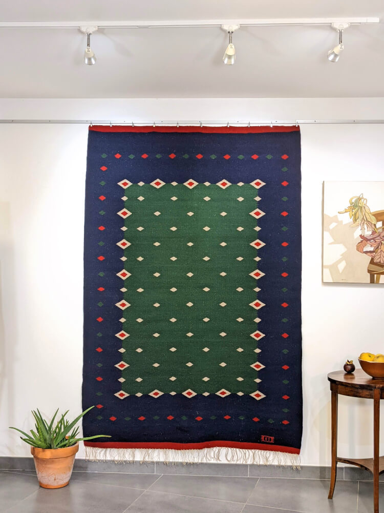 Tapis kilim 'K2' géométrique, vert et bleu nuit, laine et lin, 211x143cm