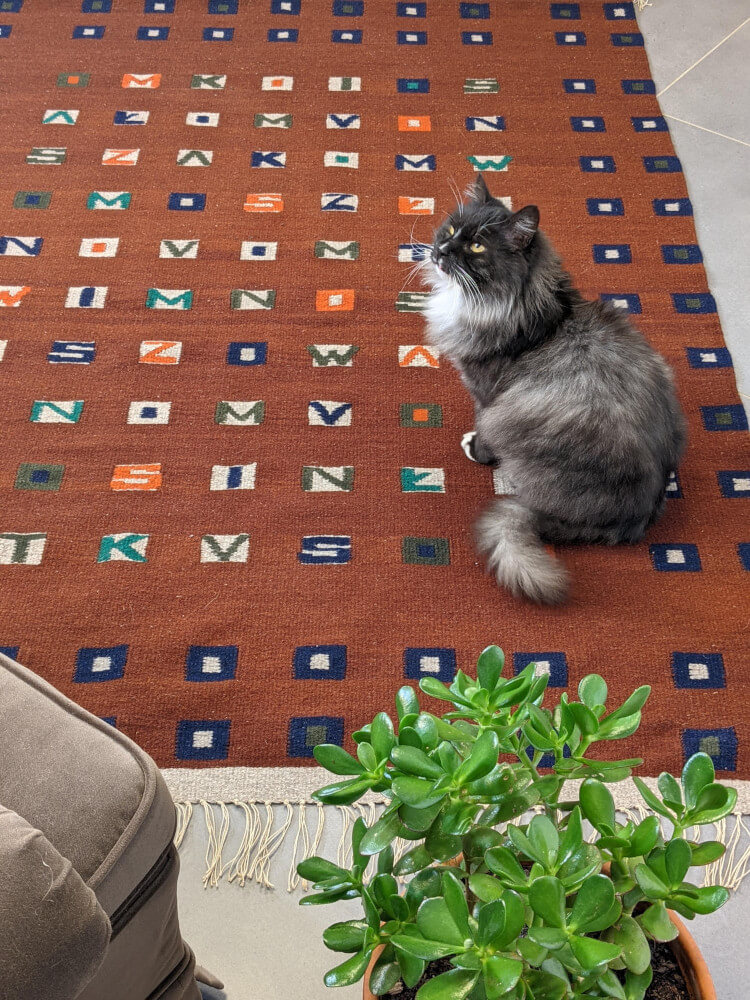 Tapis kilim ‘K3’ graphique, lettres abstraites sur fond cuivré, laine et lin, 188x140cm