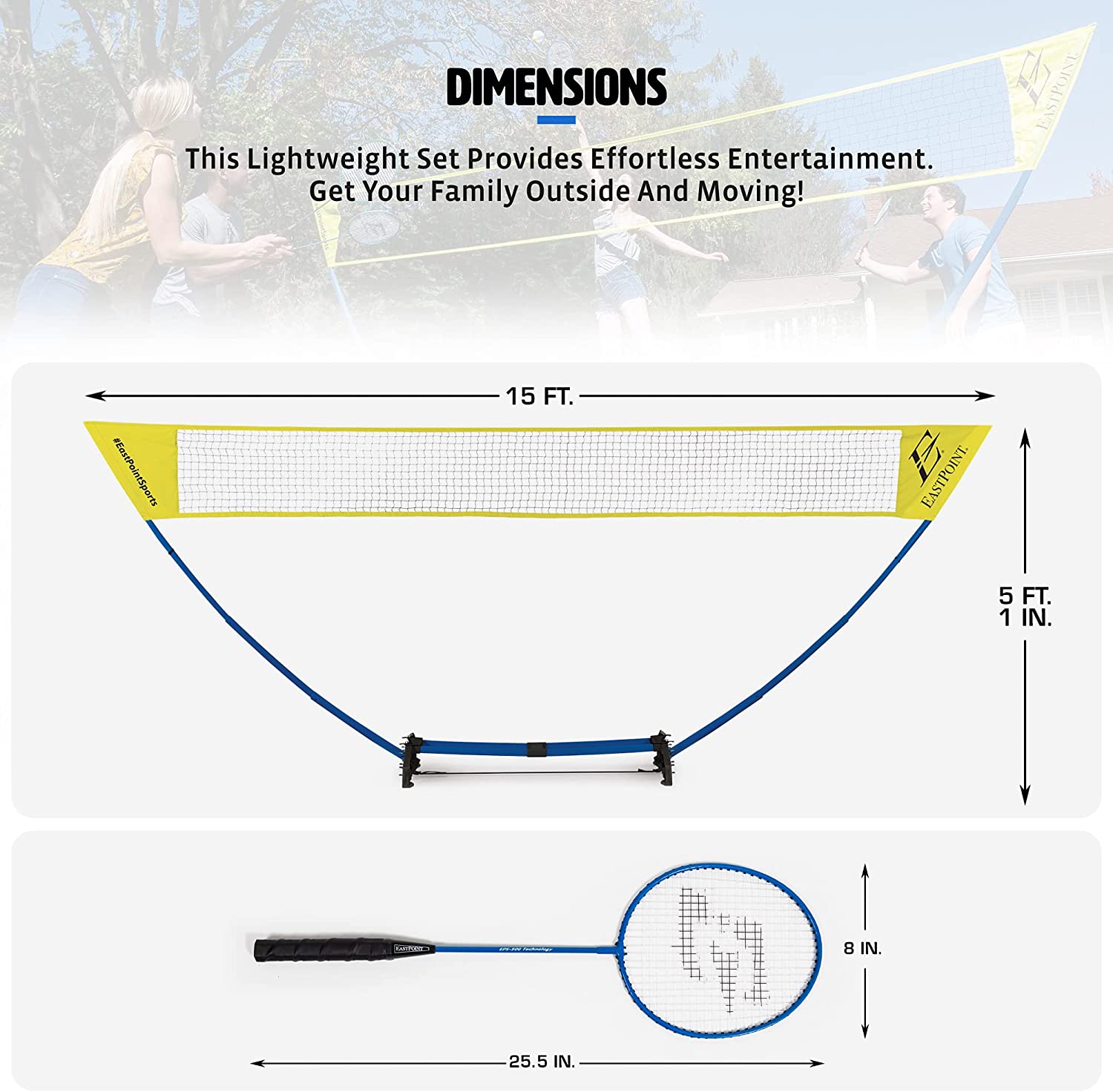 EastPoint Sports Badminton Sets Outdoor Games – Easy Setup Badminton, 4-Way Badminton, and Badminton Racket & Shuttlecock Sets