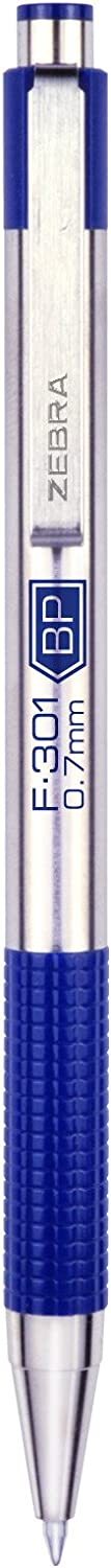 Zebra Pen F-301 Retractable Ballpoint Pen, Stainless Steel Barrel, Fine Point, 0.7mm, Blue Ink, 12-Pack