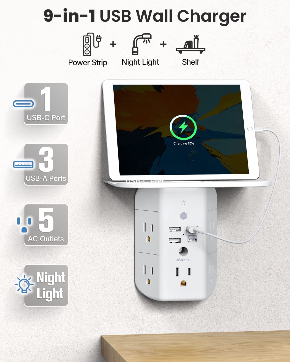 Wall Outlet Extender with Shelf and Night Light,Surge Protector,USB Wall Charger with 5 USB Outlets and 3 USB Ports 1 USB C Outlet Wide Space 3-Sided Power Strip Multi Plug Outlets…