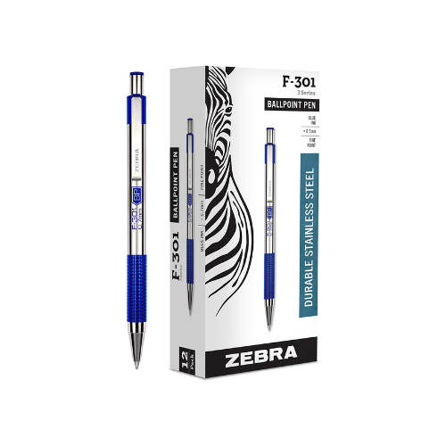 Zebra Pen F-301 Retractable Ballpoint Pen, Stainless Steel Barrel, Fine Point, 0.7mm, Blue Ink, 12-Pack