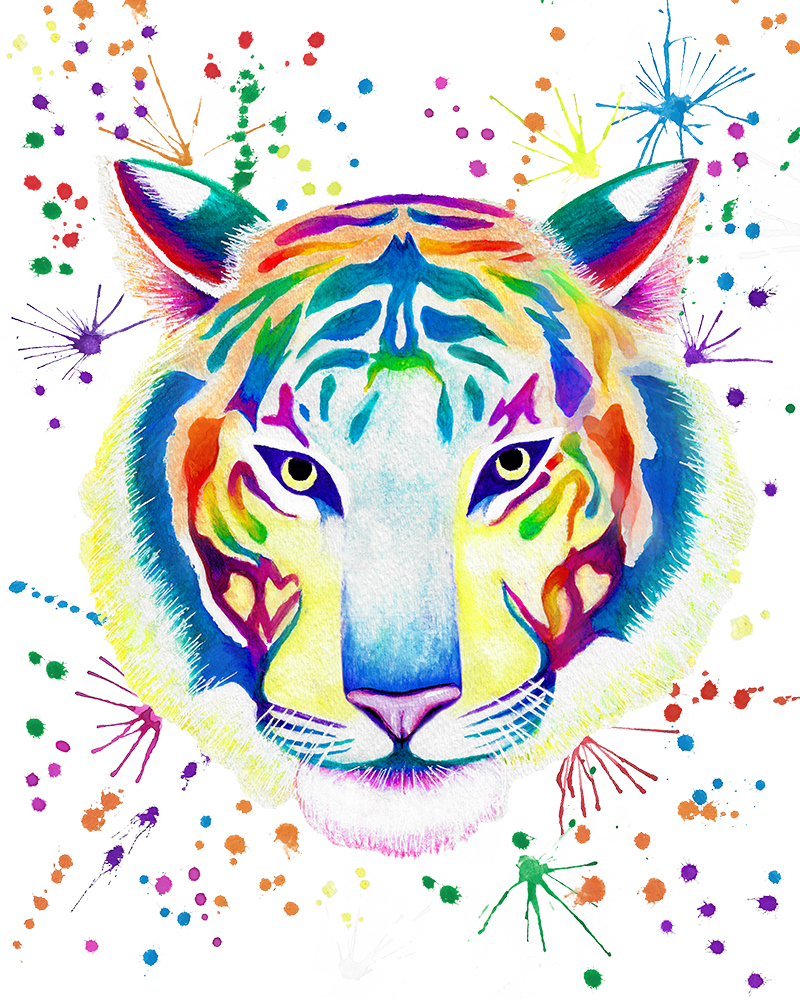 Watercolor Colorful Tiger Painting with background - Giclee Prints