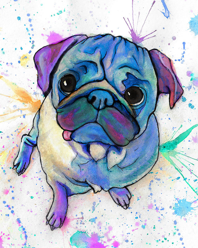 Colorful Pug Dog Watercolor Painting - Giclee Prints
