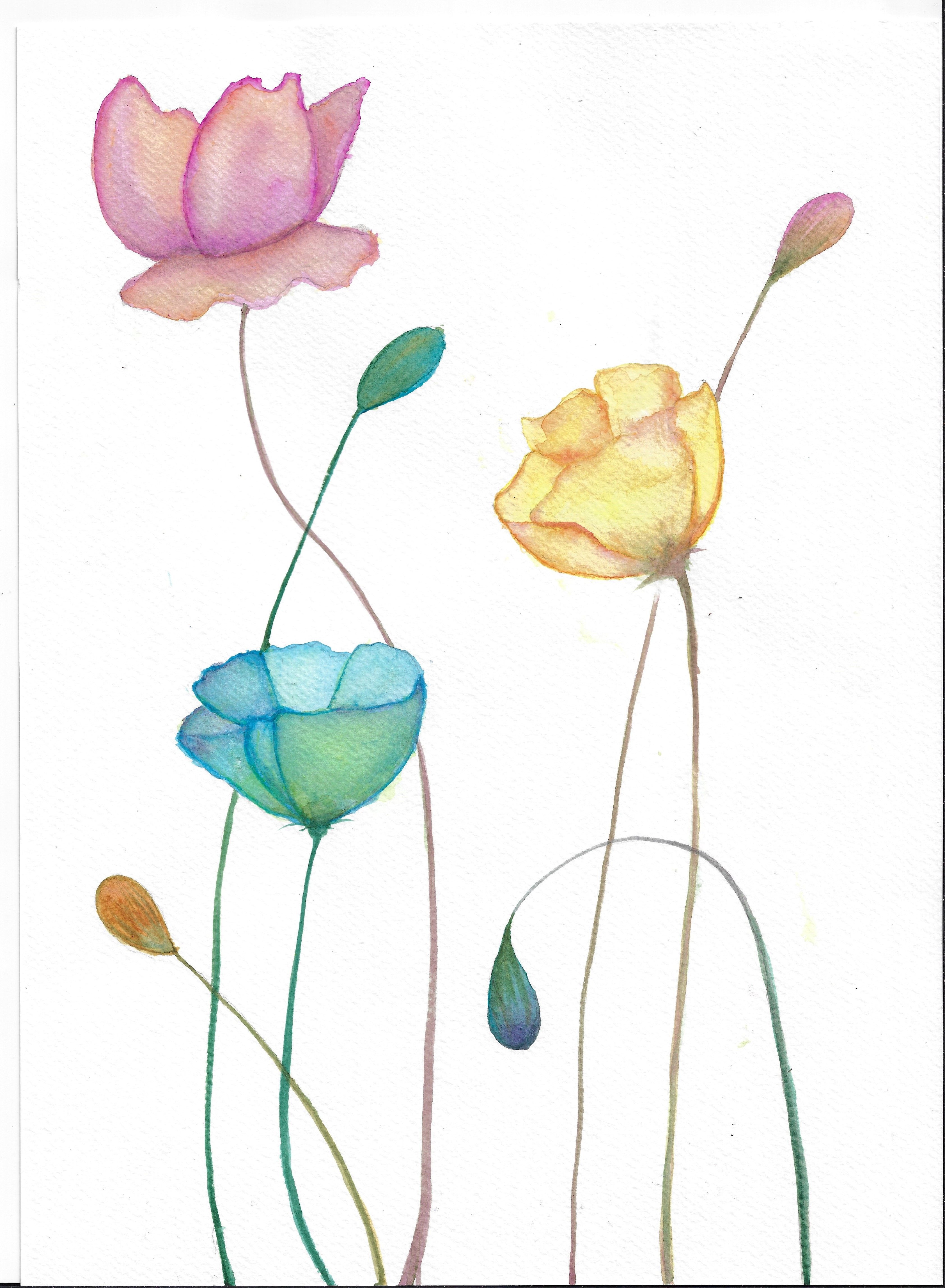 Hand-Painted Tri-Color Flowers Watercolor Painting