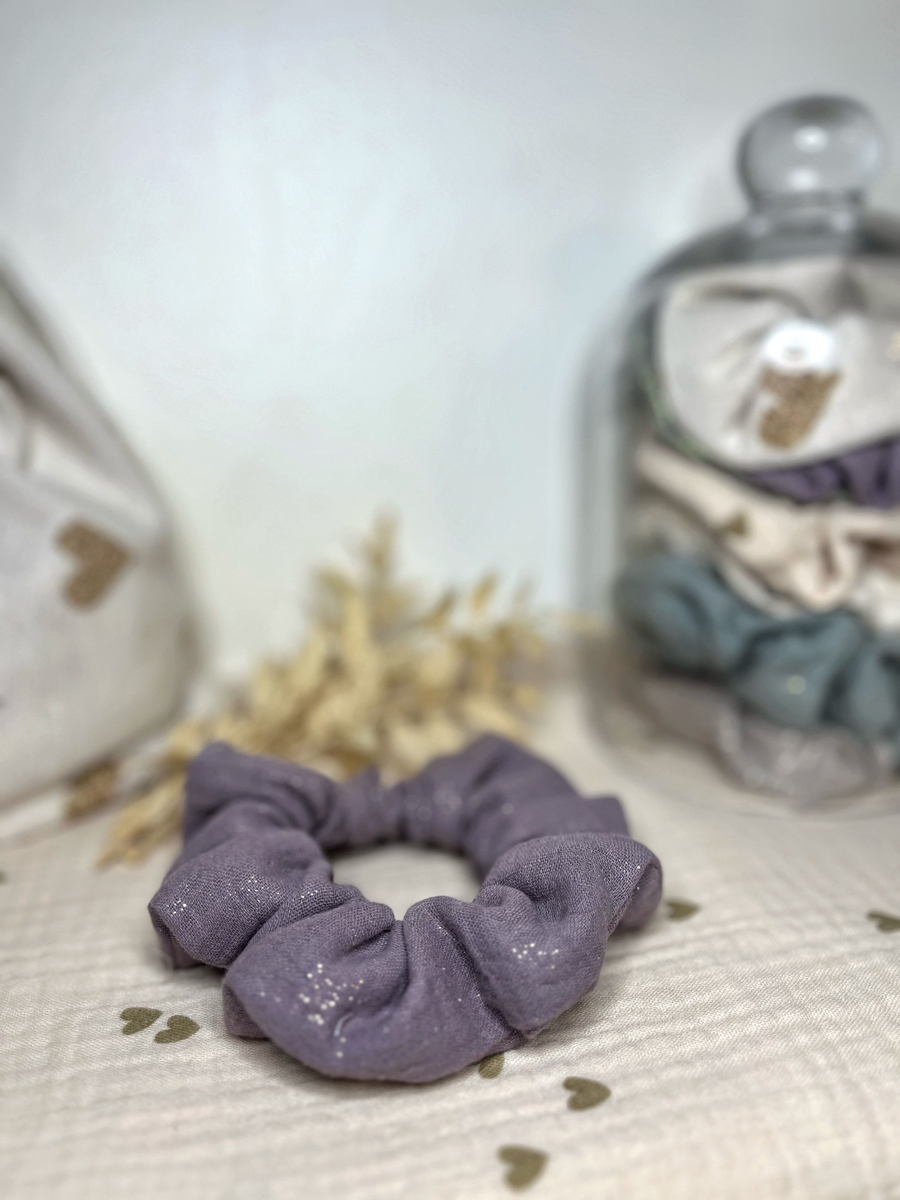 Chouchou en gaze de coton Violet et fil doré