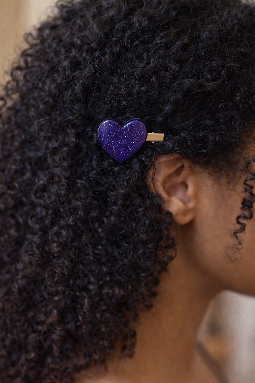 Barrette cœur violet pailleté - Nuit étoilée