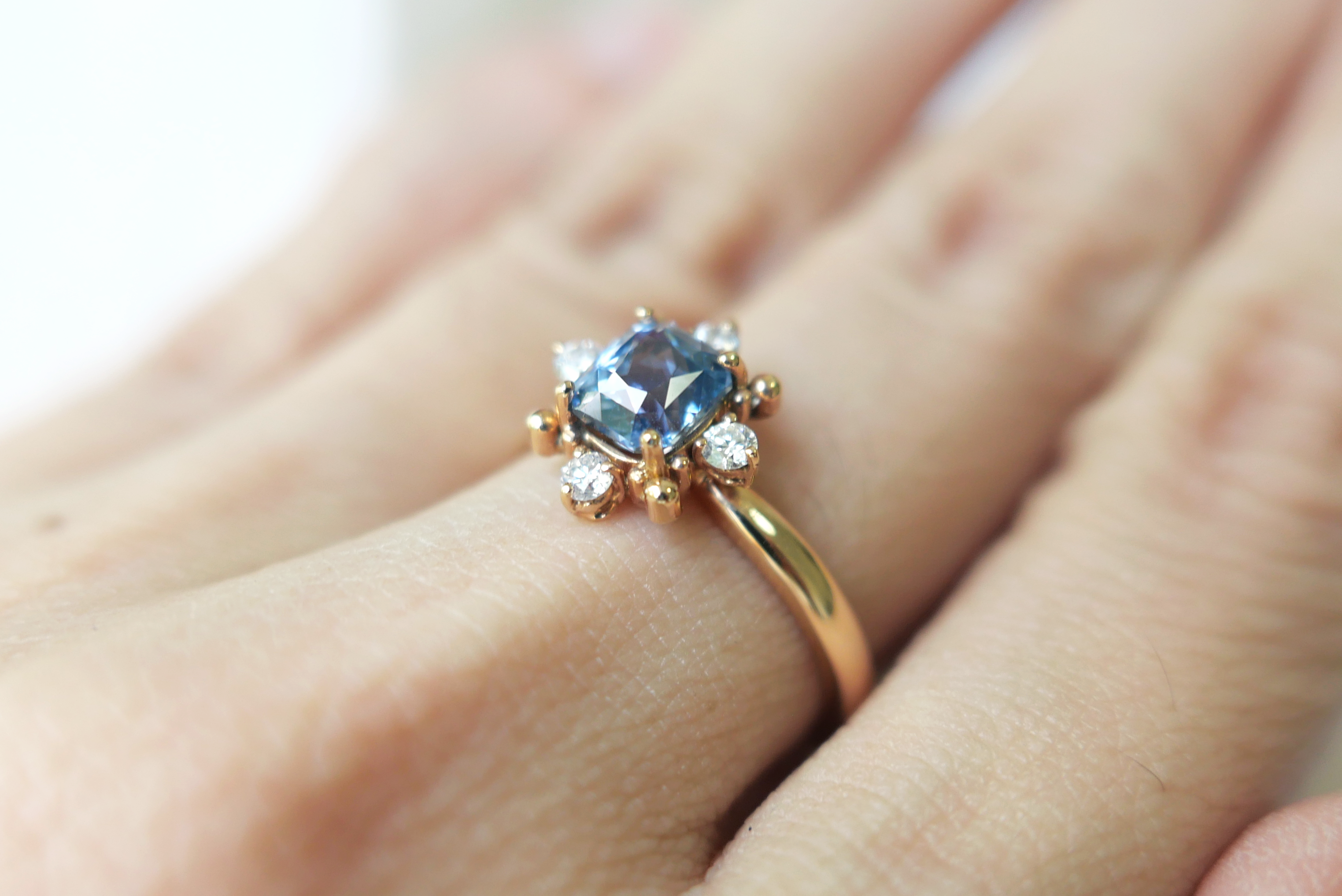 Snowflake Inspired Cushion Cut Sapphire Ring