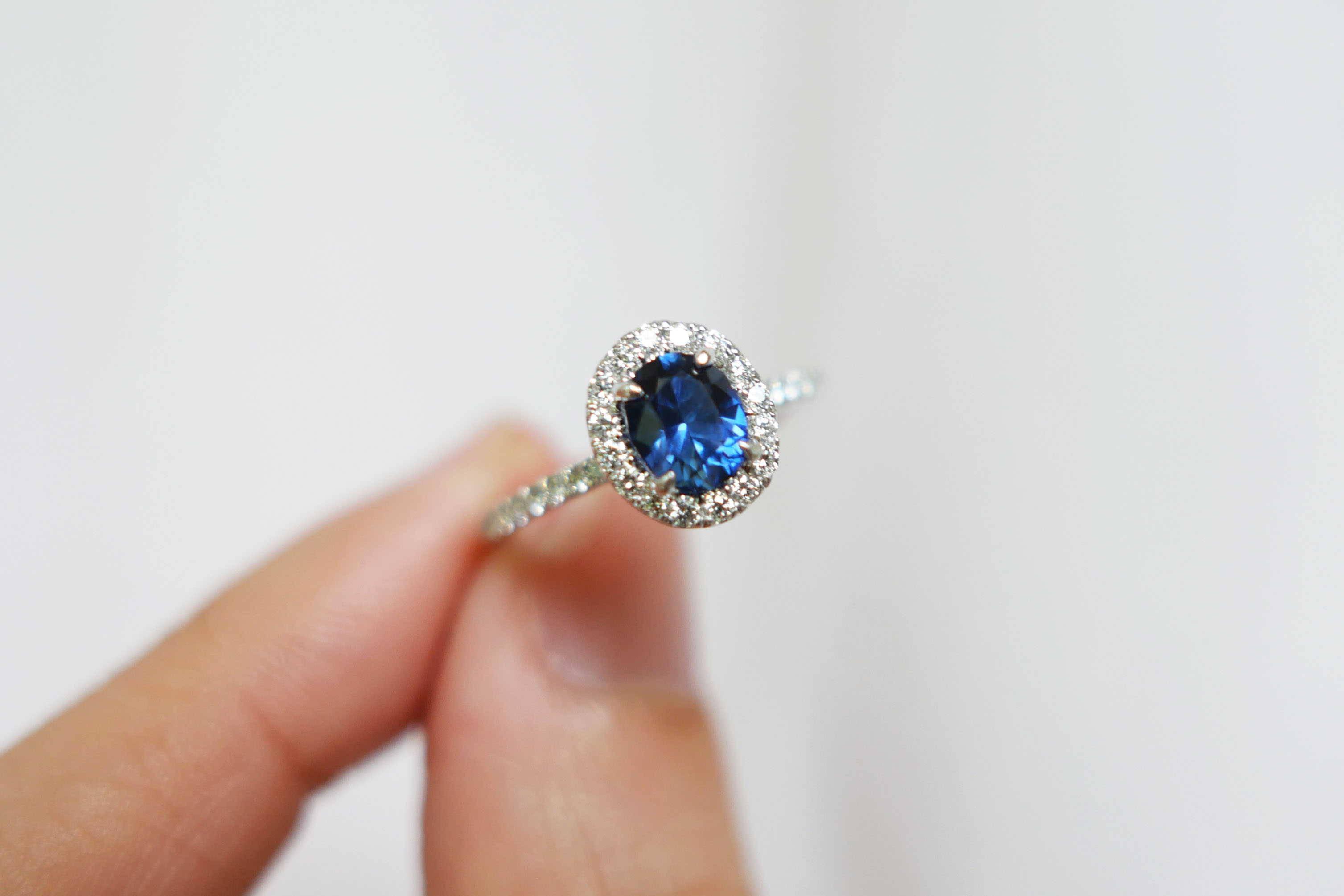 Blue Oval Sapphire with Diamond Halo and Pave Band