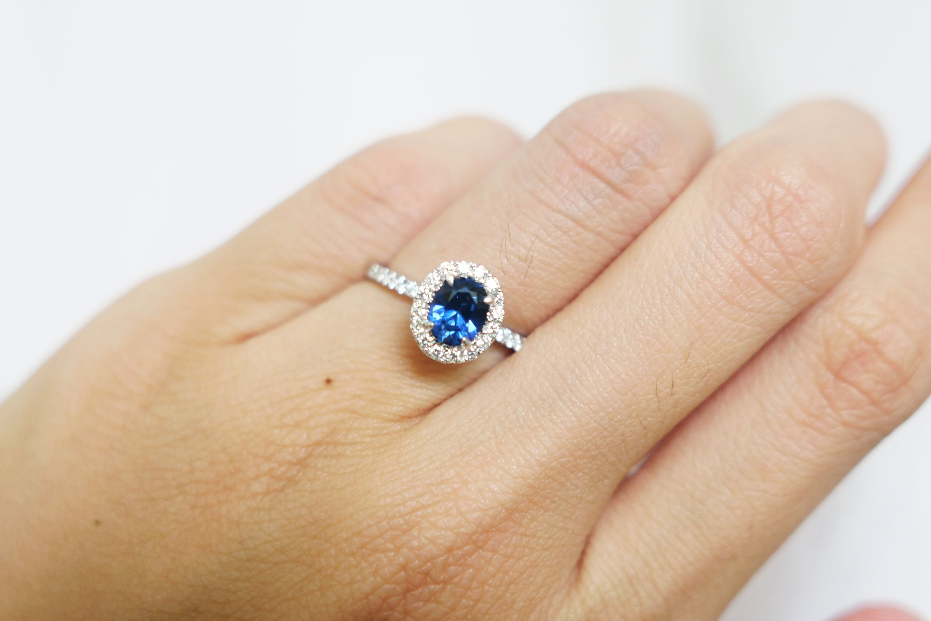 Blue Oval Sapphire with Diamond Halo and Pave Band