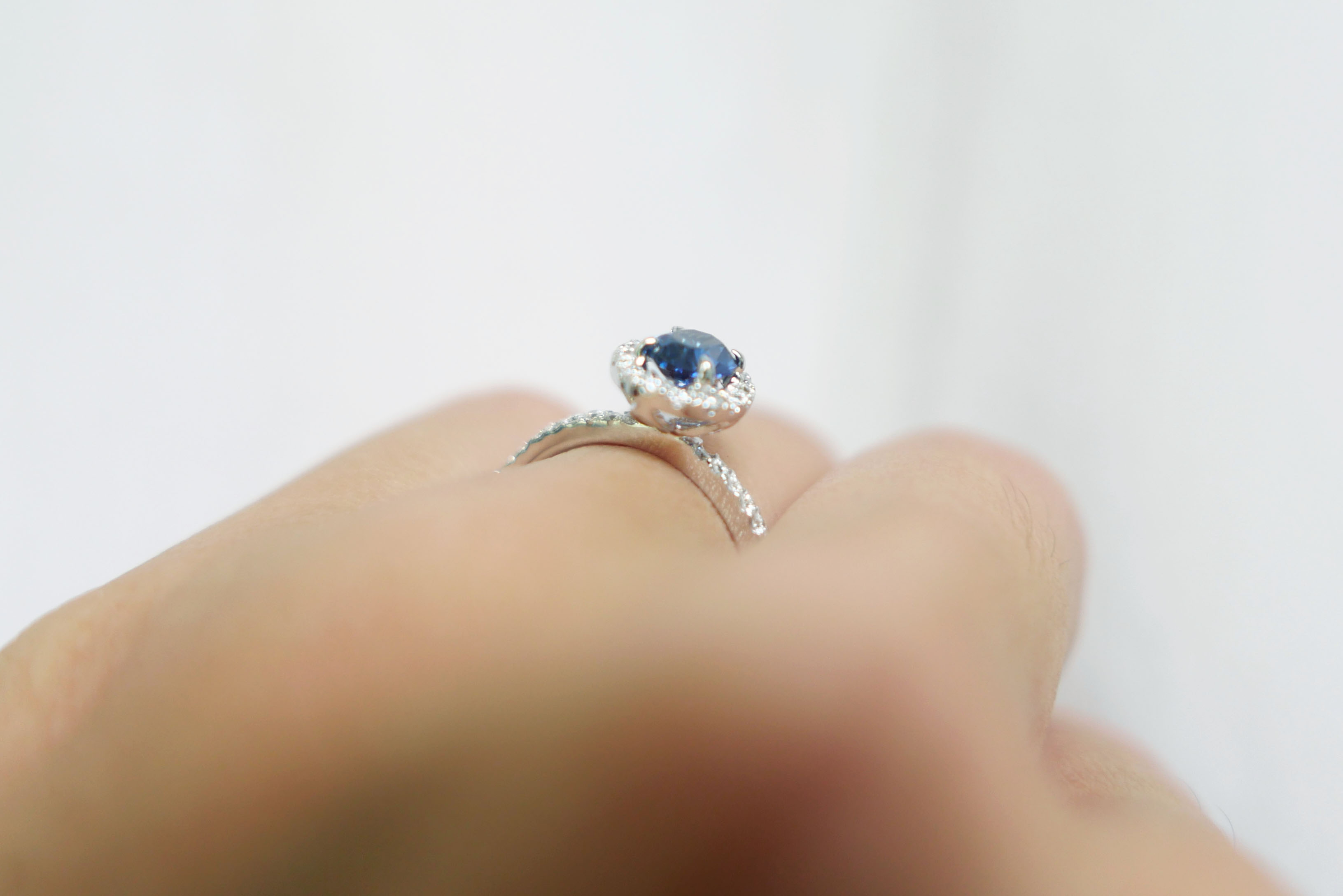 Blue Oval Sapphire with Diamond Halo and Pave Band