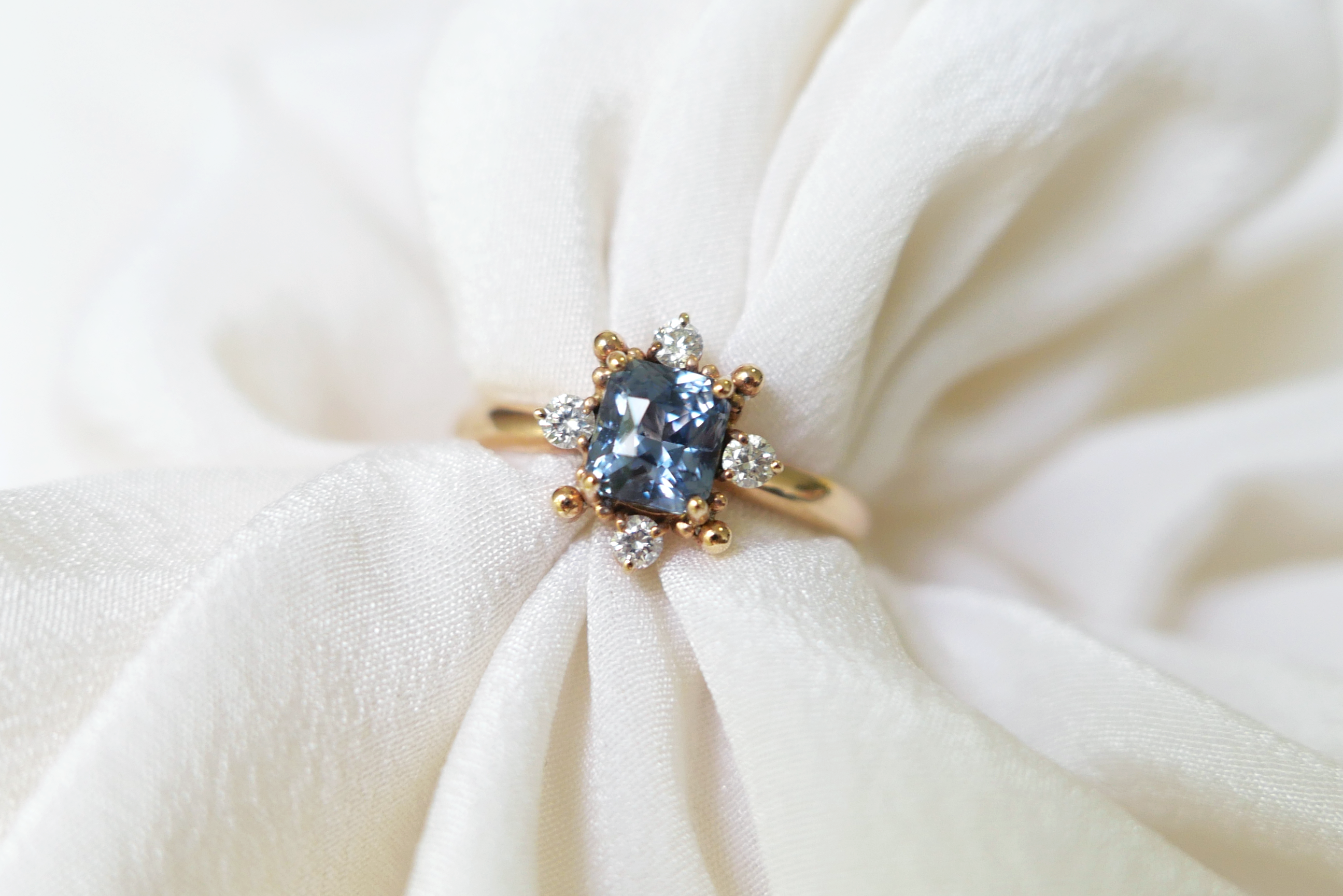 Snowflake Inspired Cushion Cut Sapphire Ring